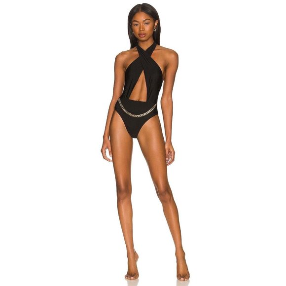 PQ x REVOLVE Chain Alex One Piece Midnight Black Open Back Swim - Picture 1 of 3